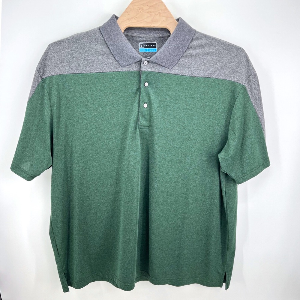 PGA Tour Polo Shirt Mens‎ 3X Green Gray Colorblock Heathered Golf Performance